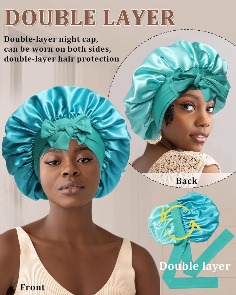 CHLINS Reversible Satin Bonnet for Sleeping Women Double Layer Hair Bonnet with 2PCS Hair Scrunchies Elastic Tie Band Night Cap - Image 4